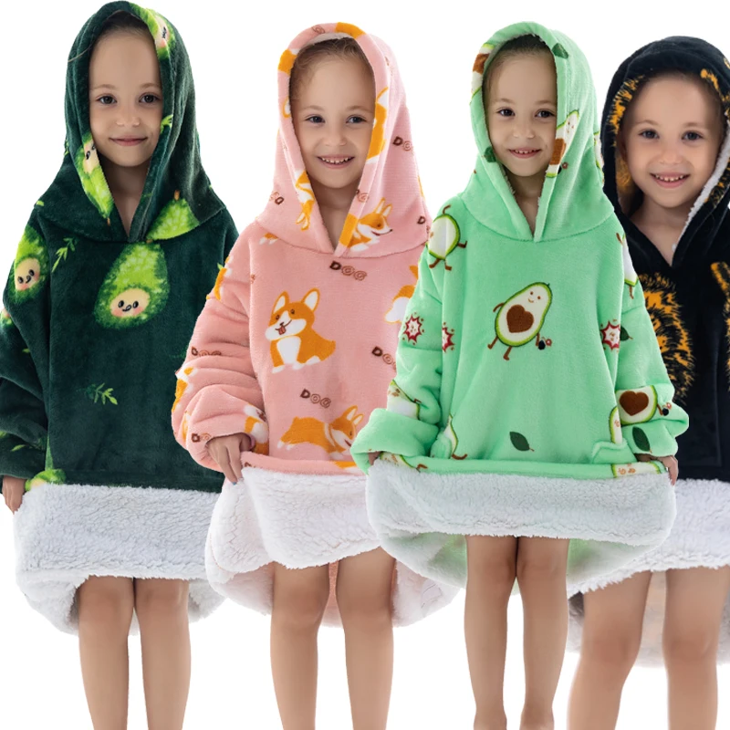Kids Babys Warm Thick Oversized Wearable Blanket Hoodie for Winter Giant Hooded Sweatshirt Blanket with Sleeves Cartoon Animal