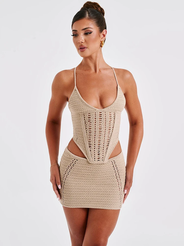 Mozision Knit Sexy Skirt Two Piece Sets For Women Backless Lace Up Sleeveless Crop Top And Mini Skirt Femme Club Party Skirt Set