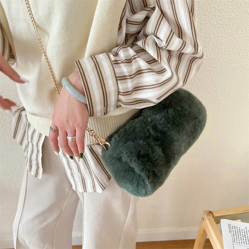 Women's New Crossbody Bag Retro Senior Sense Rex Rabbit Hair Cylinder Bag Fashion Chain One Shoulder Bag Charm Women's Bag