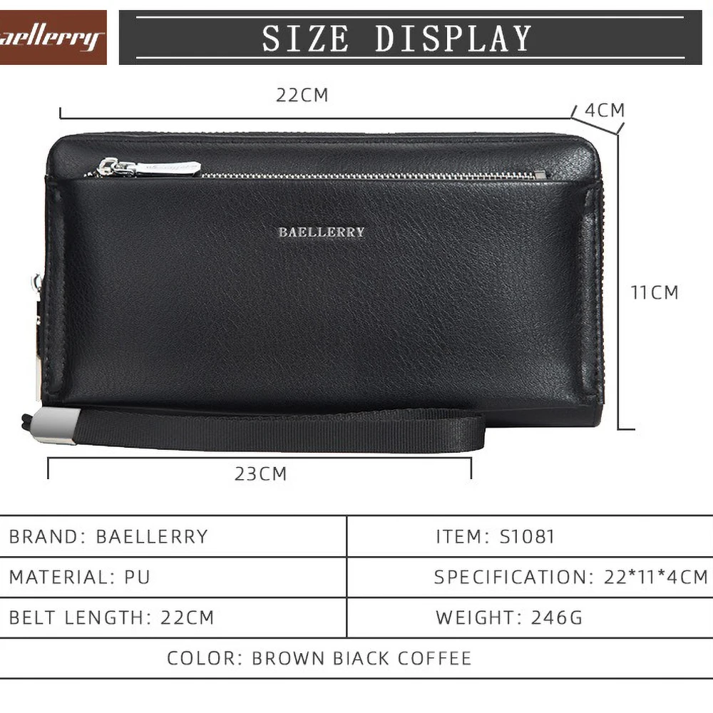 Baellerry Men's Travel Wallet Phone Sleeve + Wrist Strap RFID Blocking Long Business Organizer Triple Zipper