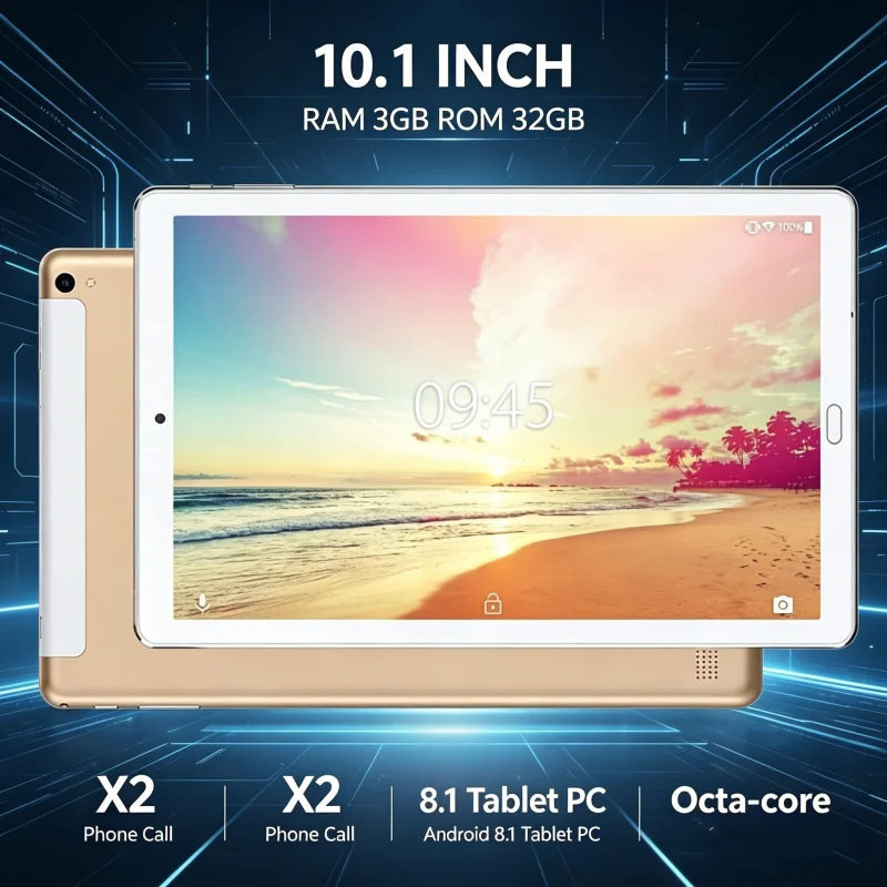 X2 콜링 태블릿 10.1인치, 안드로이드 8.1 시스템, MTK6753 8코어 A53 CPU, 3GB 메모리 32GB 저장용량, 타입-C 고속 충전 및 SIM C 지원