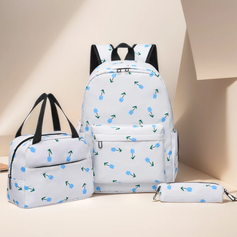 3Pcs Floral Backpack Set Teenagers Book Bag with Lunch Bag & Pen Case School Bookbag Set Large Capacity Travel Daypack 3