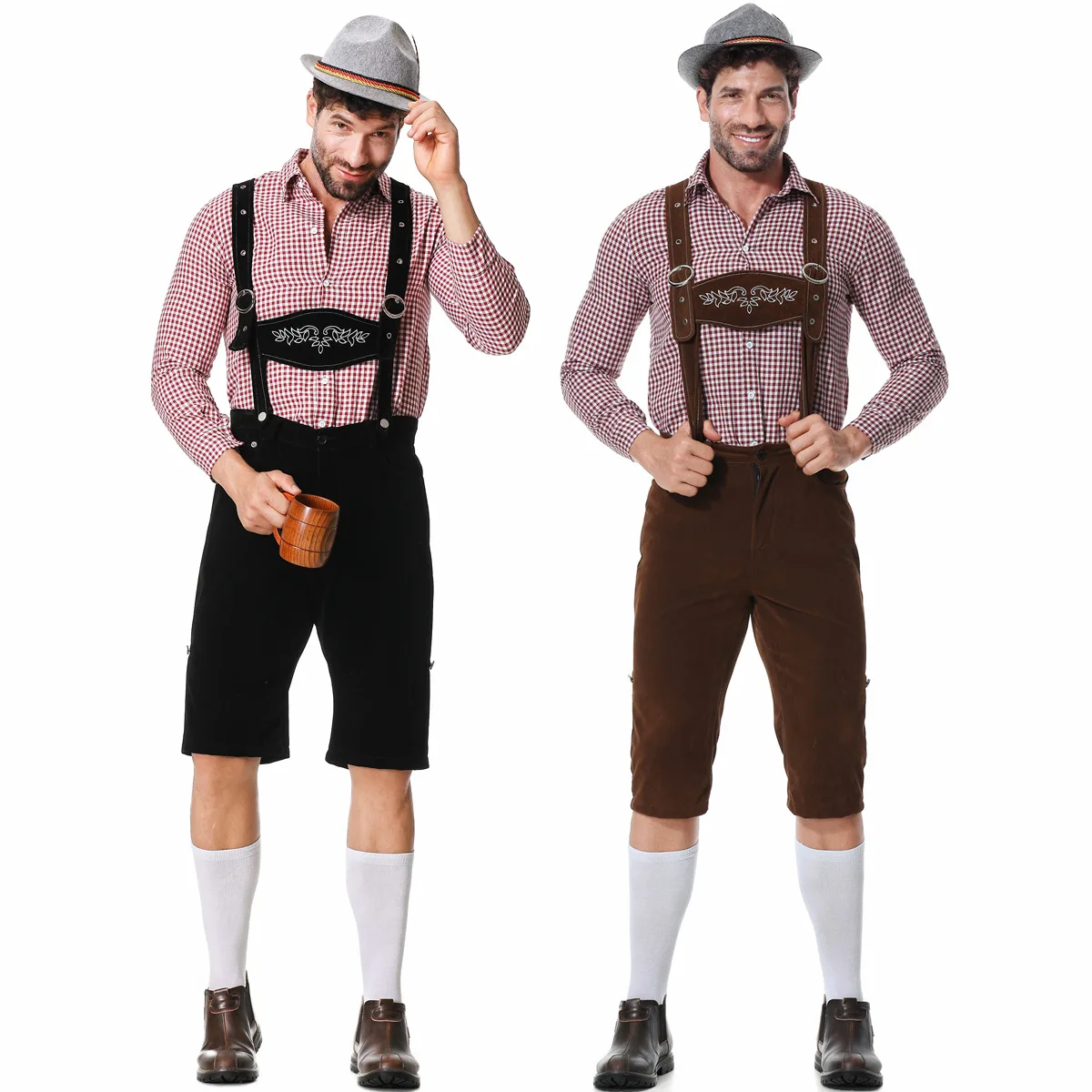 Germany Munich Traditional Oktoberfest Carnival Clothing Plaid Shirt Embroidery Suspenders And Hat Suit