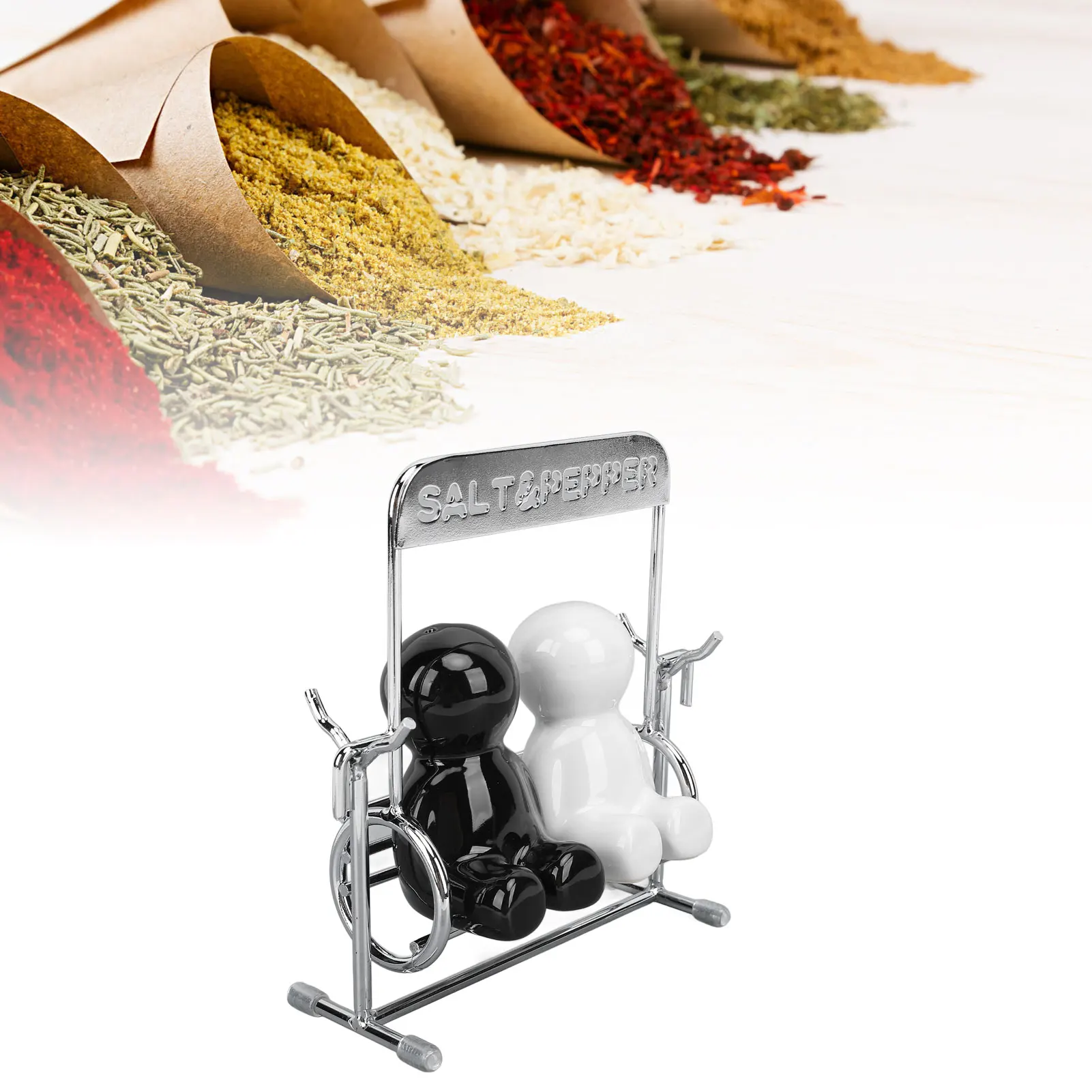 2Pcs Ceramic Spice Shaker Set Kitchen Cute Swing Figure Salt and Pepper Dispensers Black White