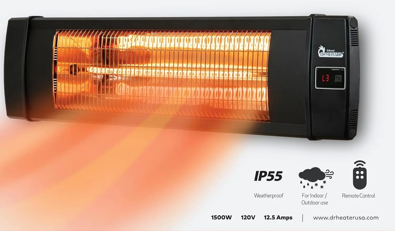 Dr Infrared Heater DR-338 Carbon Infrared Patio Heater with Tripod & Tip-Over Protection, 12.5 Feet Long Extension Cord, Black