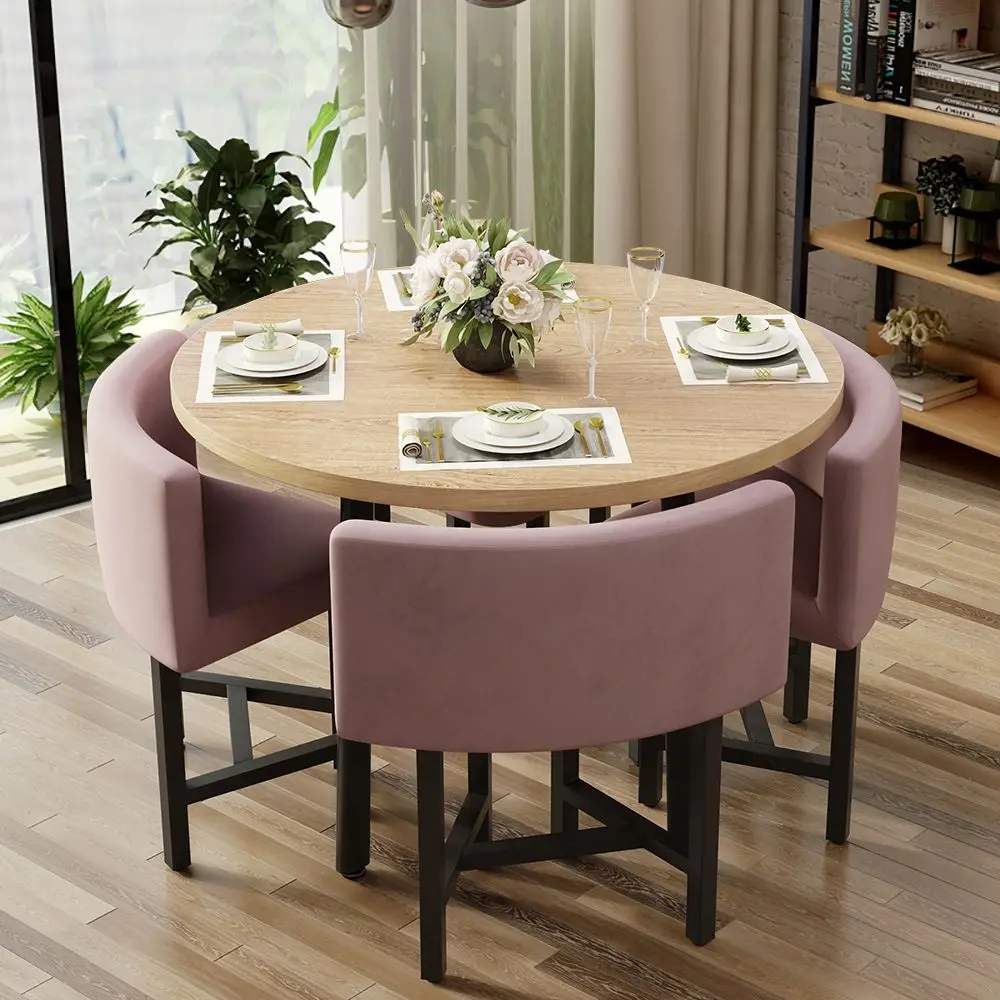 

40" Round Wooden Small Dining Table Set Of 4 Pink Upholstered Chairs For Nook Balcony