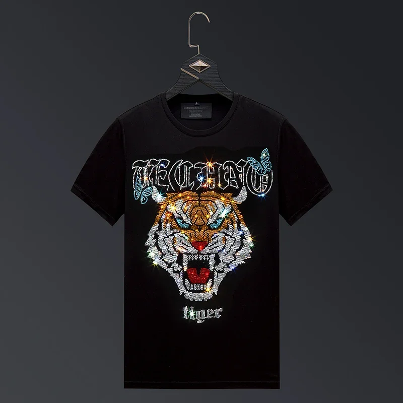 

2023 Tiger Rhinestones T Shirts for Men Brand Fashion Streetwear Slim Modal Cotton O Neck Short Sleeve T-shirts Plus Size 6XL