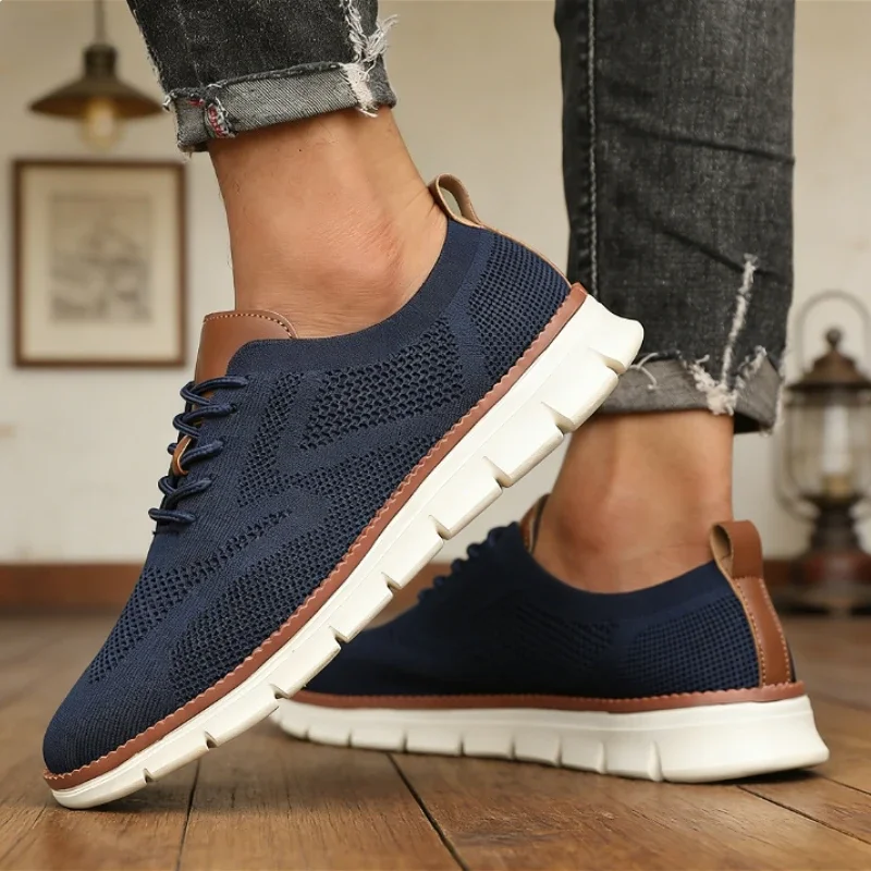 Fashionable Men's Casual Knitted Sneakers Breathable Lightweight Business Office Shoes Mesh Upper Non-slip Walking Shoes for Men