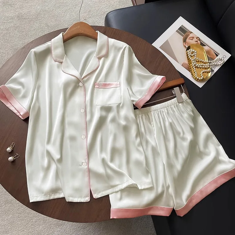 Ling Sweet Summer Girl's Pjs Ice Silk 2 Pcs Homewear Fashion Pajama Short Thin Pajamas for Women Silk Home Set Simple Casual