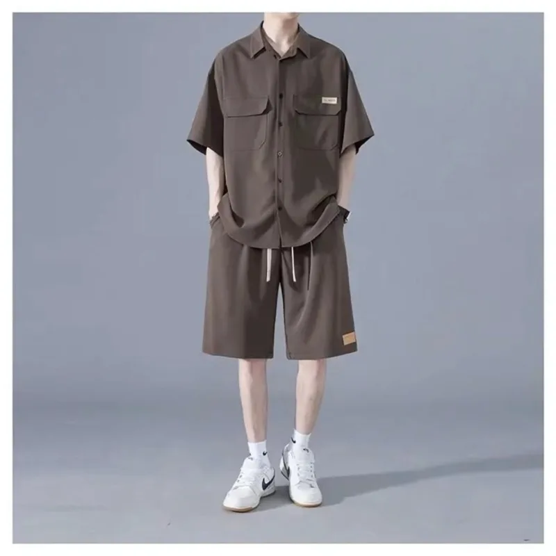 Spring Summer Fashion Short Sleeve Popularity Men's Clothing Korean Style Casual All Match Loose Rope Hombre Solid Sport Sets