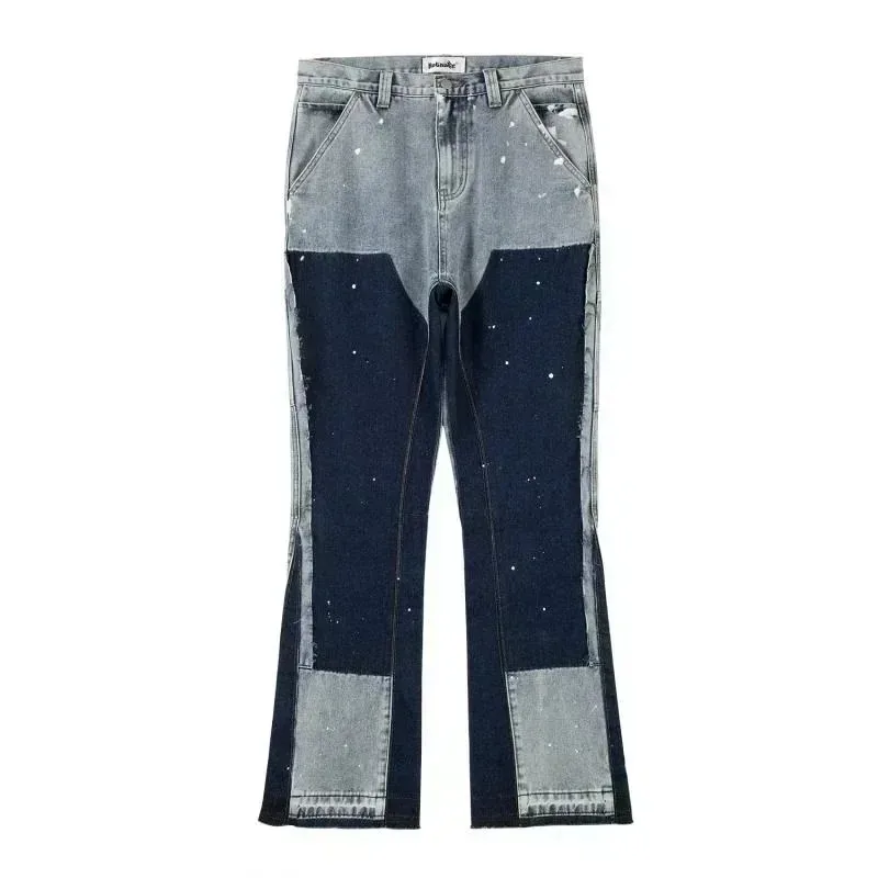 2024 European and American retro washed spliced denim loose trousers high street couple straight micro-flared jeans hot sale 5