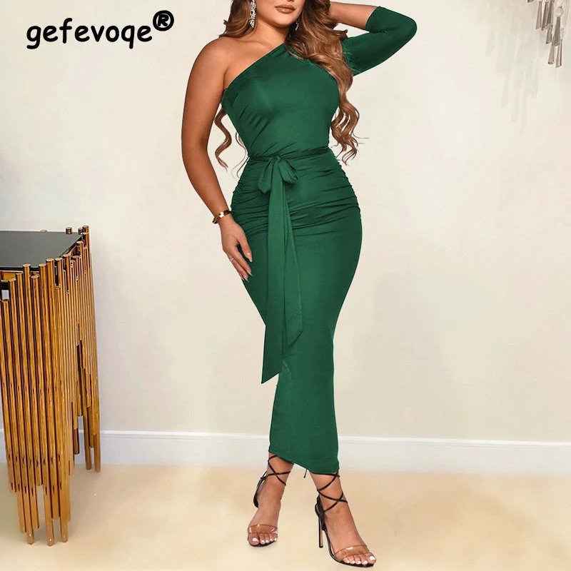 

Sexy One Shoulder Backless Lace Up Ruched Bodycon Elegant Party Ladies Dresses Fashion High Waist Club Maxi Dress Women Vestidos