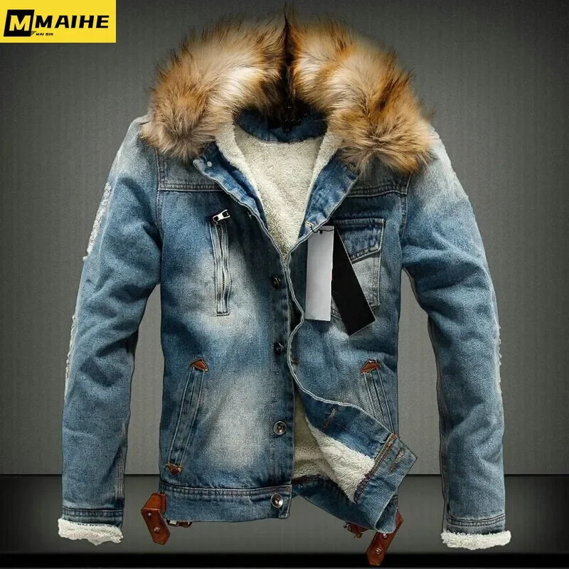 Autumn/Winter Men's Denim Jacket Fashion Hooded Large Fleece Collar Brushed Lining Warm Parka Retro Plus Size Broken Denim Coat