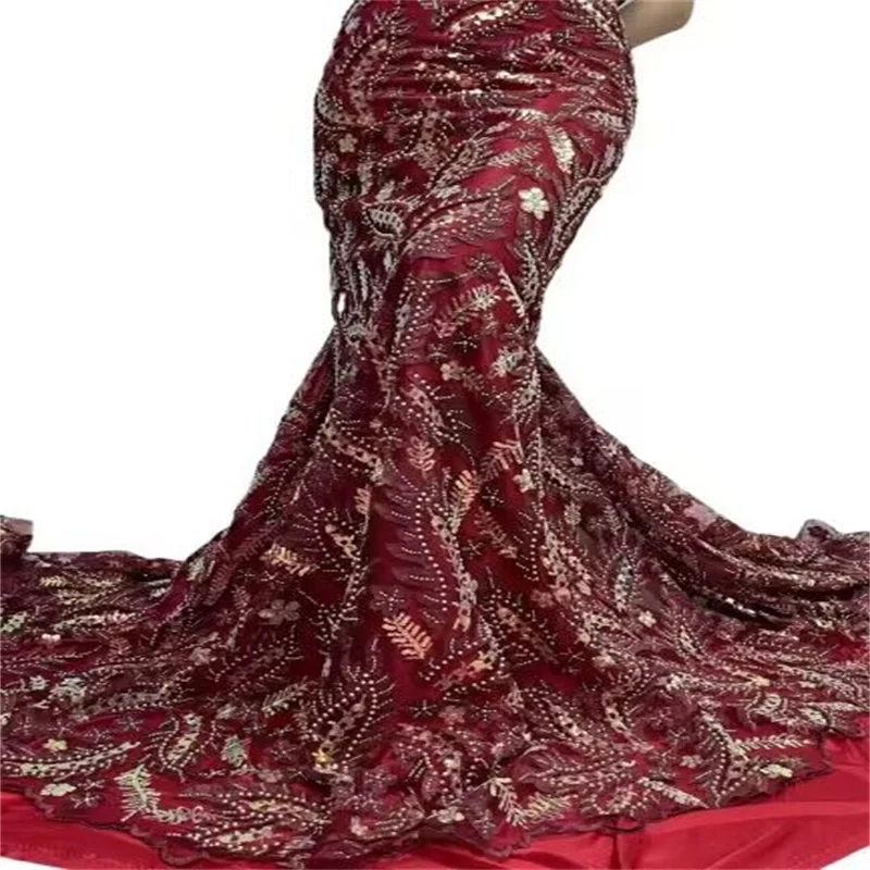 

Красное/золото, 5 ярдов, Африканское кружево, женское вечернее платье, белый вышитый материал для шитья, сетчатая ткань с бисером