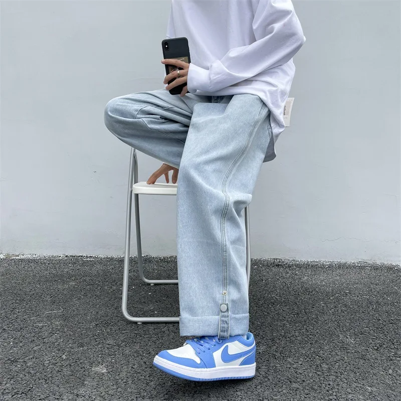 Spring Summer New Solid Color Fashion Jeans Man Casual Loose Zipper Patchwork Button Pockets Cotton All-match Straight Pants