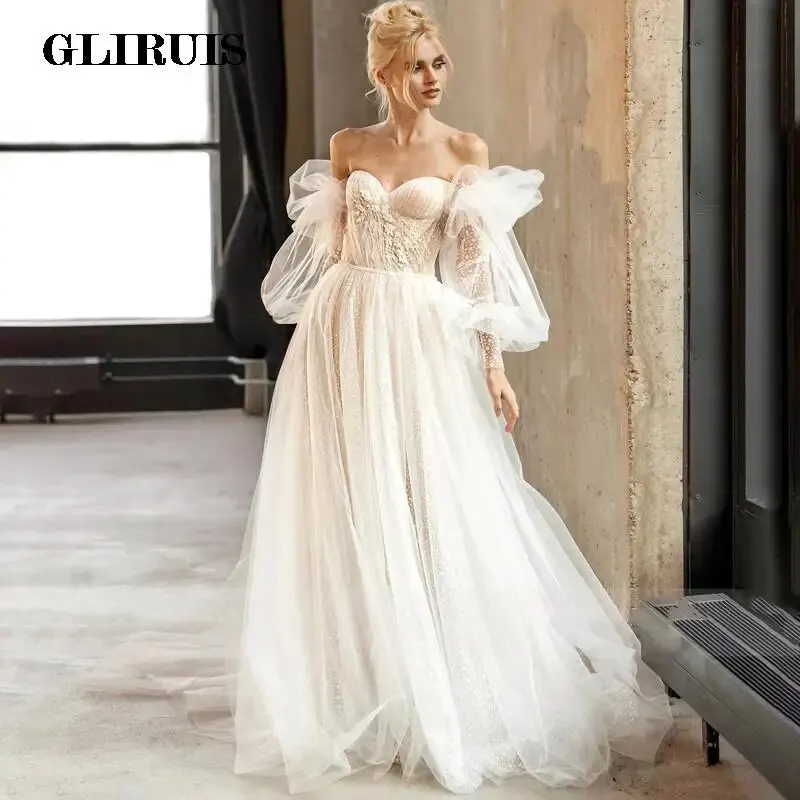 

Sweetheart Detachable Puffy Sleeve Wedding Dress Appliques Beads Sashes A-Line Glitter Soft Tulle Bridal Gowns Vestido De Noiva