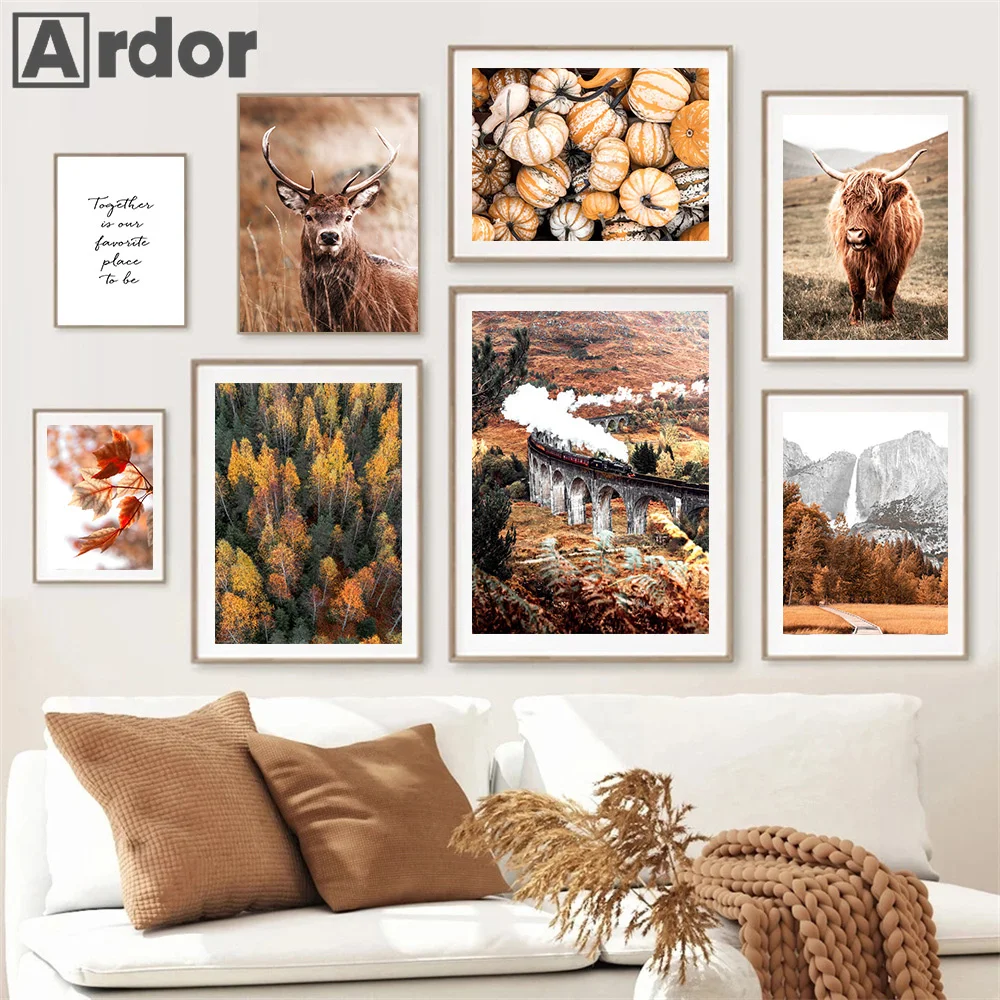 

Autumn Nature Scenery Deer Pumpkin Forest Leaves Wall Art Print Canvas Painting Nordic Poster Pictures Living Room Home Decor