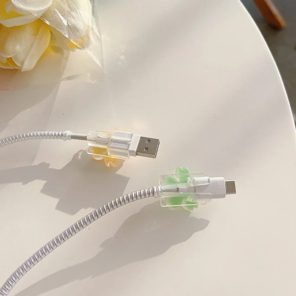 Cherry Blossom Cable Protector Kawaii Soft TPU Cover USB Charger Data Line Cord Case for iPhone Android Office Desktop Organizer