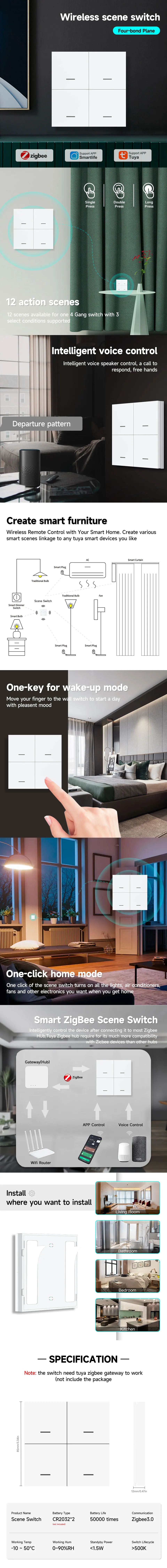 Interruptor de escena inteligente Tuya ZigBee, interruptor de 4 botones, asistente de hogar, Tuya Smart Home Zigbee, int