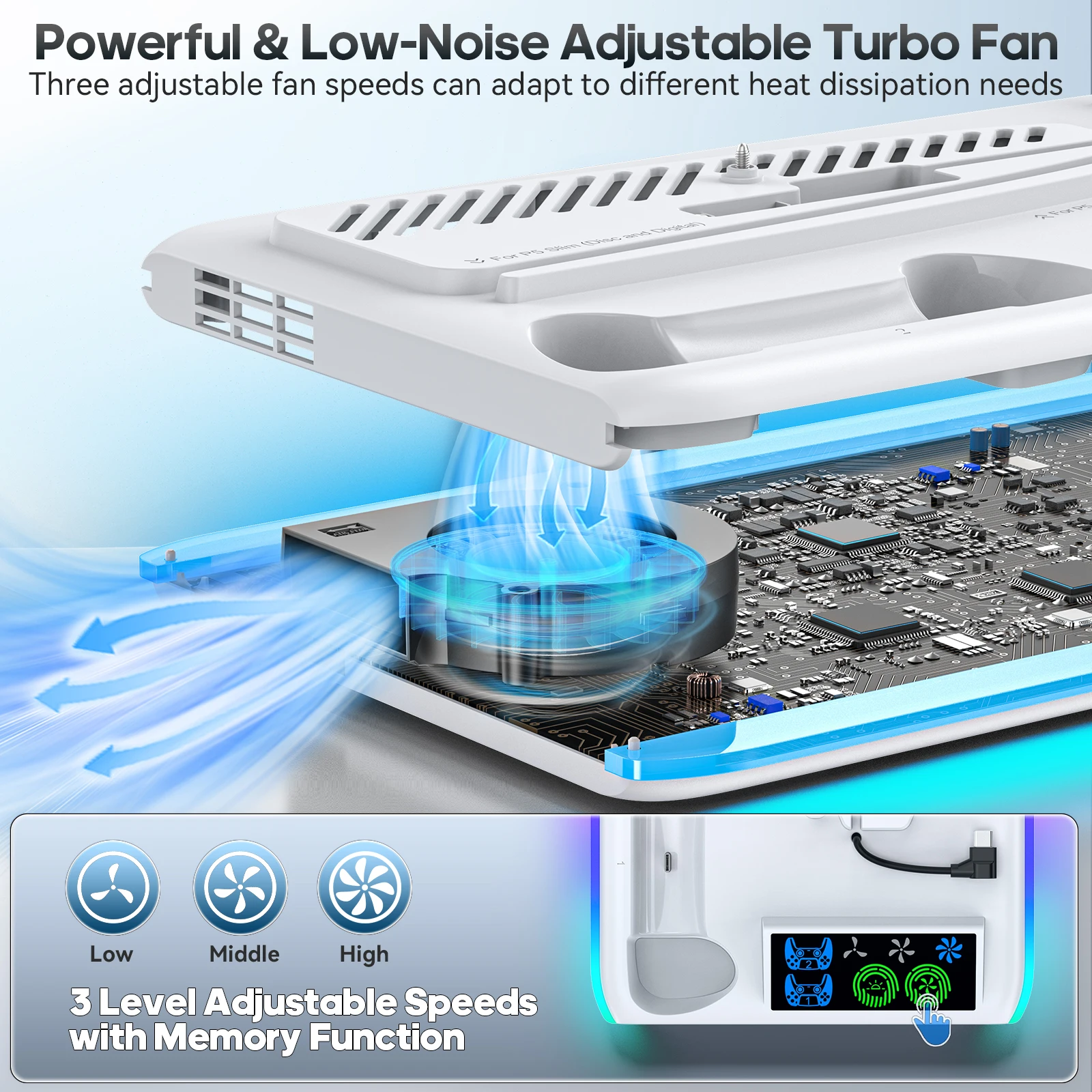 NEW HA-8008 for PS5Slim host Multi functional Cooling Base for PS5 Slim Controller Dual Charging Stand bracket Storage RGB light view 3