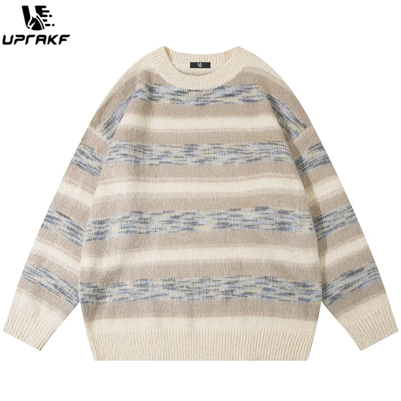 UPRAKF Sweater Striped Loose Simple Design Warm Autumn Casual Long Sleeves Fashion O Neck Trendy Pullovers