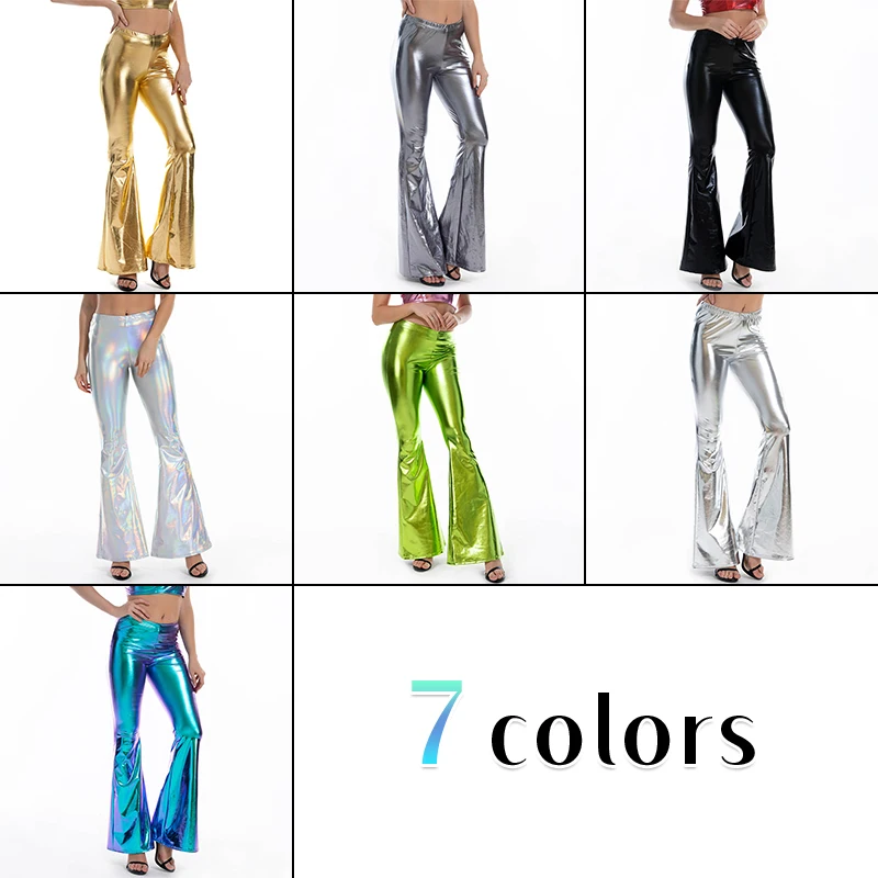 Women Sexy PU Leather Metallic Pants Shiny Holographic Flare Pants Lady Elastic Waist Flared Trousers Dance Performance Clubwear 5