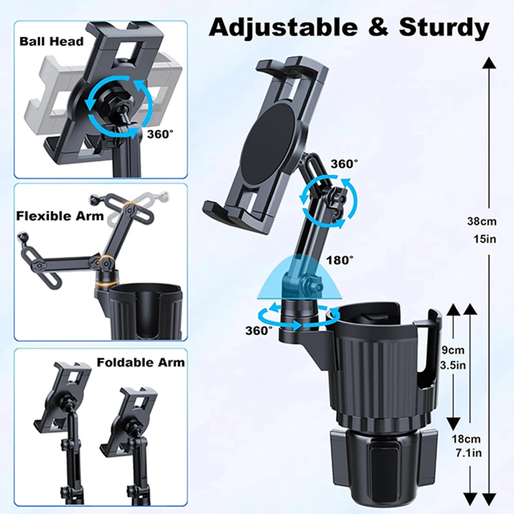 Universal 2-in-1 Car Cup Phone Holder with Adjustable Long Arm and 360° Rotation
