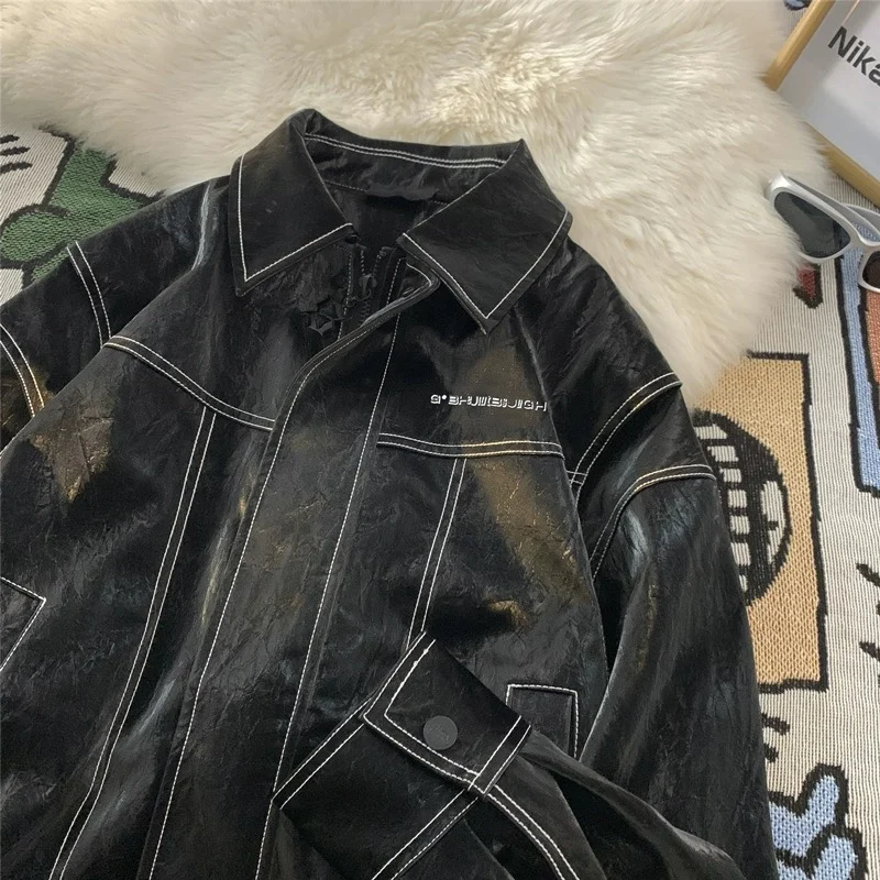 2024 New Spring Men's American Retro Fashion Brand Leather Jacket Couple Personalized Fashion Leather Coat  biker jacket men