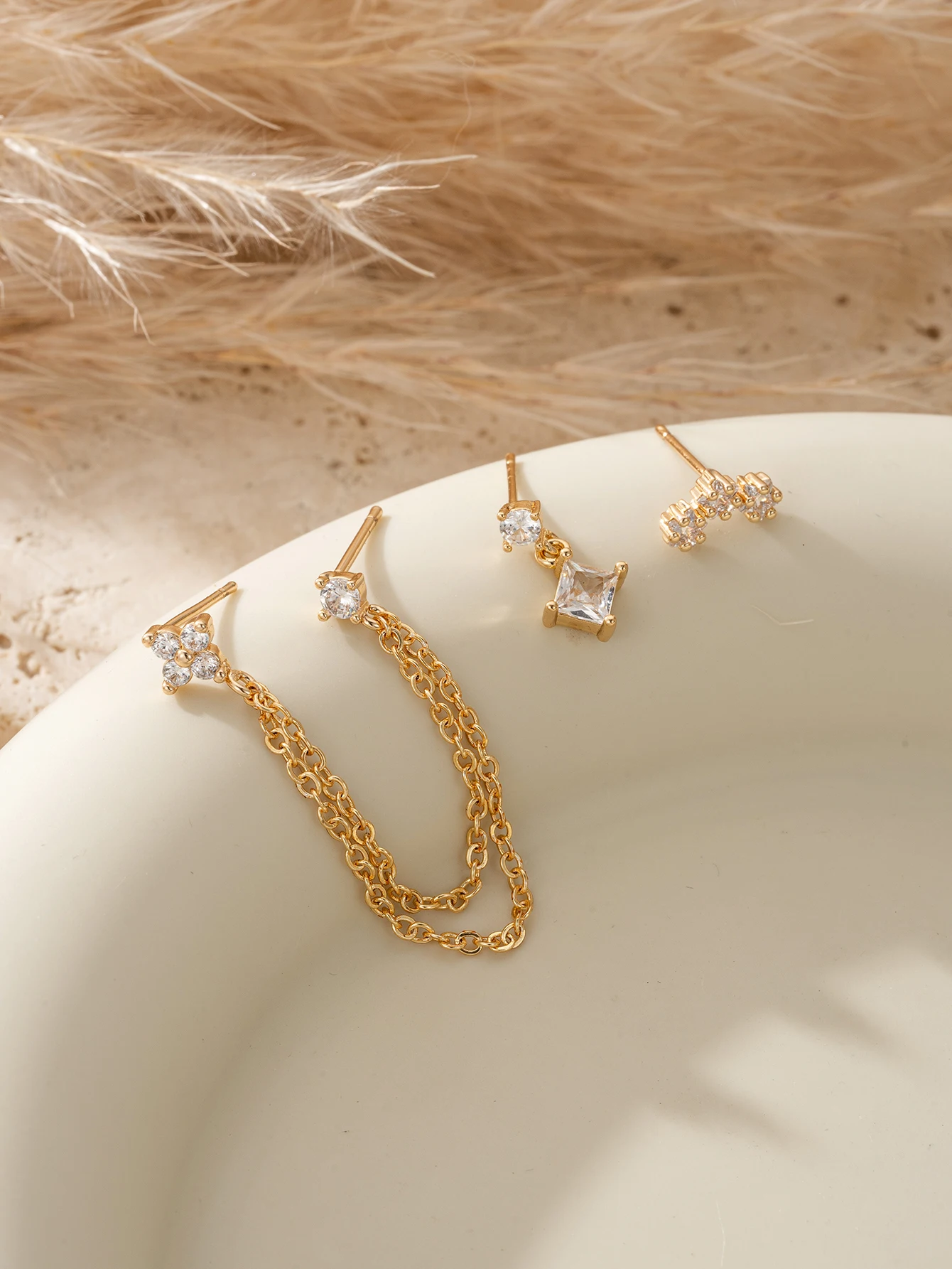 Minimalism CZ Ear Cuff Set: Stackable Chain, Square & Flower Studs