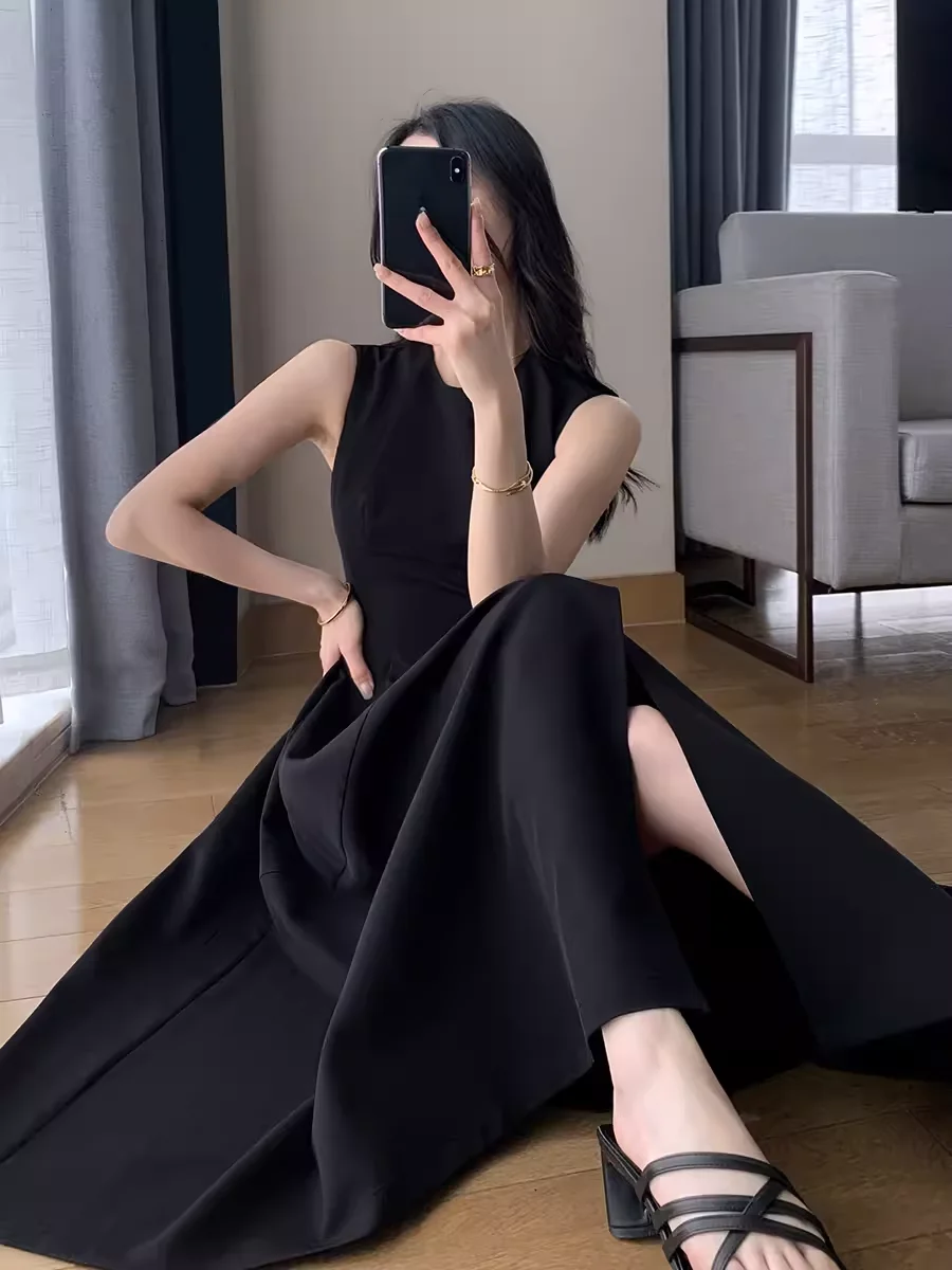 

2024 Summer High Waist Maternity Black Dress Sleeveless Elegant Pregnant Woman Party Dress Split Pregnancy Holiday Beach Dresses