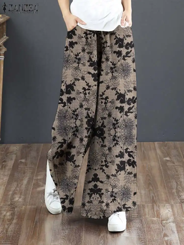 

2024 ZANZEA Vintage Wide Leg Trousers Women Elastic Waist Floral Printed Long Pants Bohemian Party Pantalon Casual Loose Palazzo