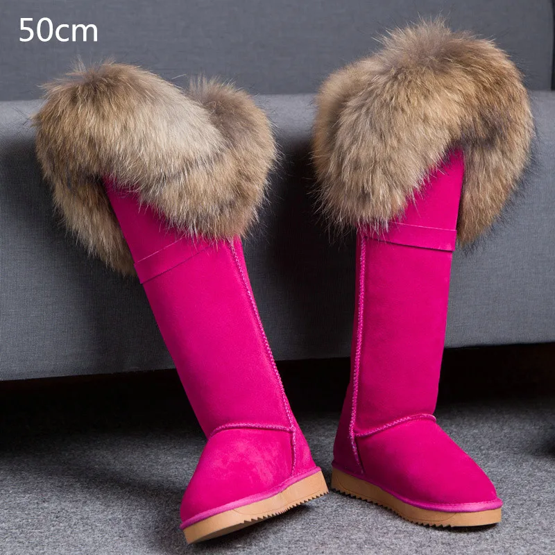 Winter Natural Fox Fur Long Boots Winter Fur Black Genuine Leather
