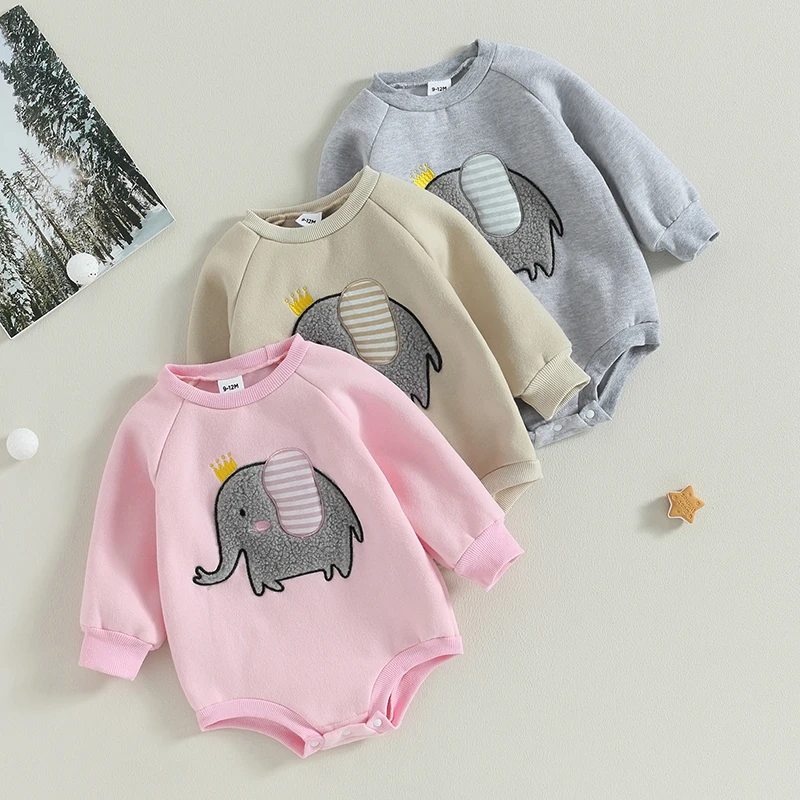 

Newborn Baby Girls Bodysuits Spring Autumn Romper Casual Long Sleeve Crewneck Elephant Patch Loose Playsuit Infants Clothing