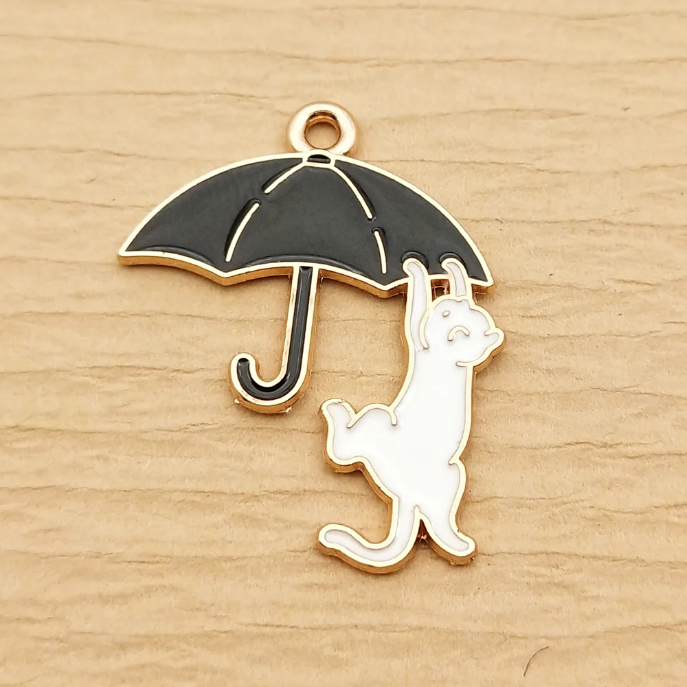10개 우산 고양이 참 장식품, 쥬얼리 제작용 목걸이 팔찌 열쇠고리 펜던트 DIY 액세서리 공예 합금 금도금