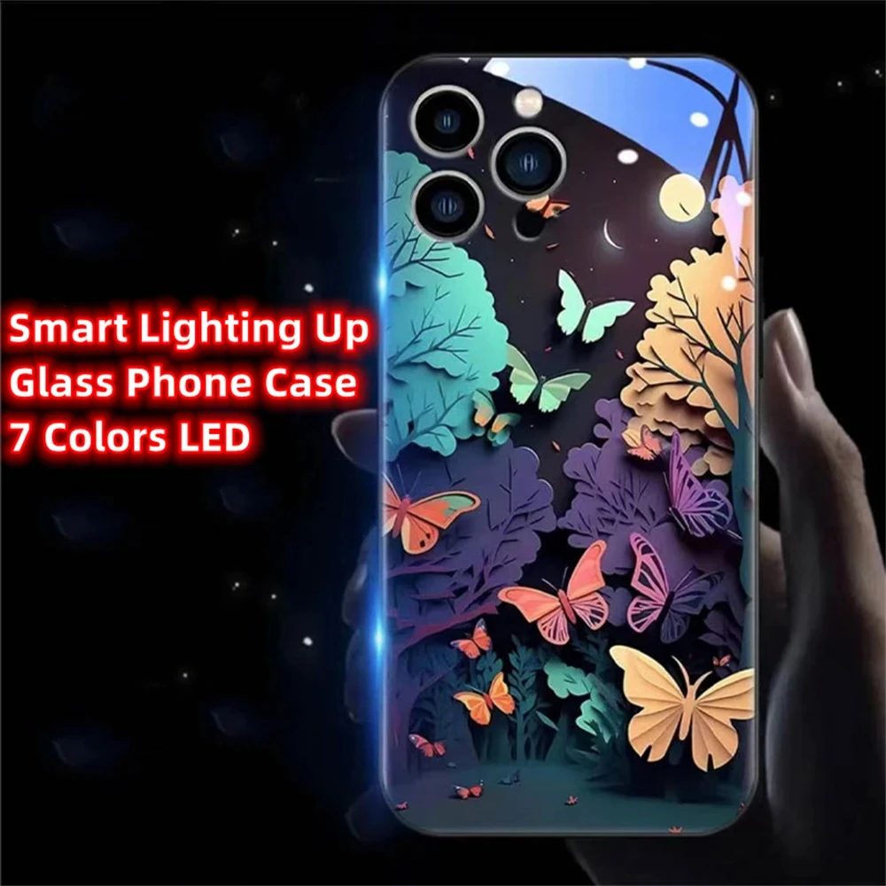 

Forest Butterfly Smart LED Light Glow Tempered Glass Phone Case Back Covers For iPhone 15 14 13 12 11 Pro Max XR XS Plus SE2020