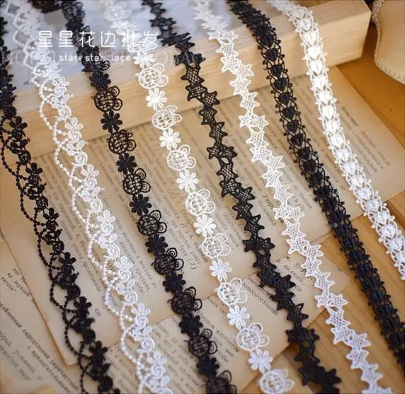 Elegant White and Black Floral Embroidered Lace Trim - 5 Yards