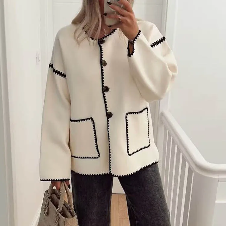 

Women Contrasting Colors Quilted Coat Single Breasted Loose Autumn Winter Coats Female Casual All-match Warm Street Jacket Tops