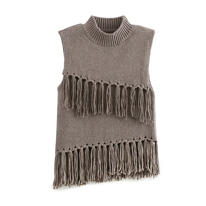 Chaleco de punto con borlas de calle para mujer, suéter de cuello medio alto, sin mangas, ajustado, camiseta sin mangas para mujer, primavera 2025, ropa de abrigo suave para mujer