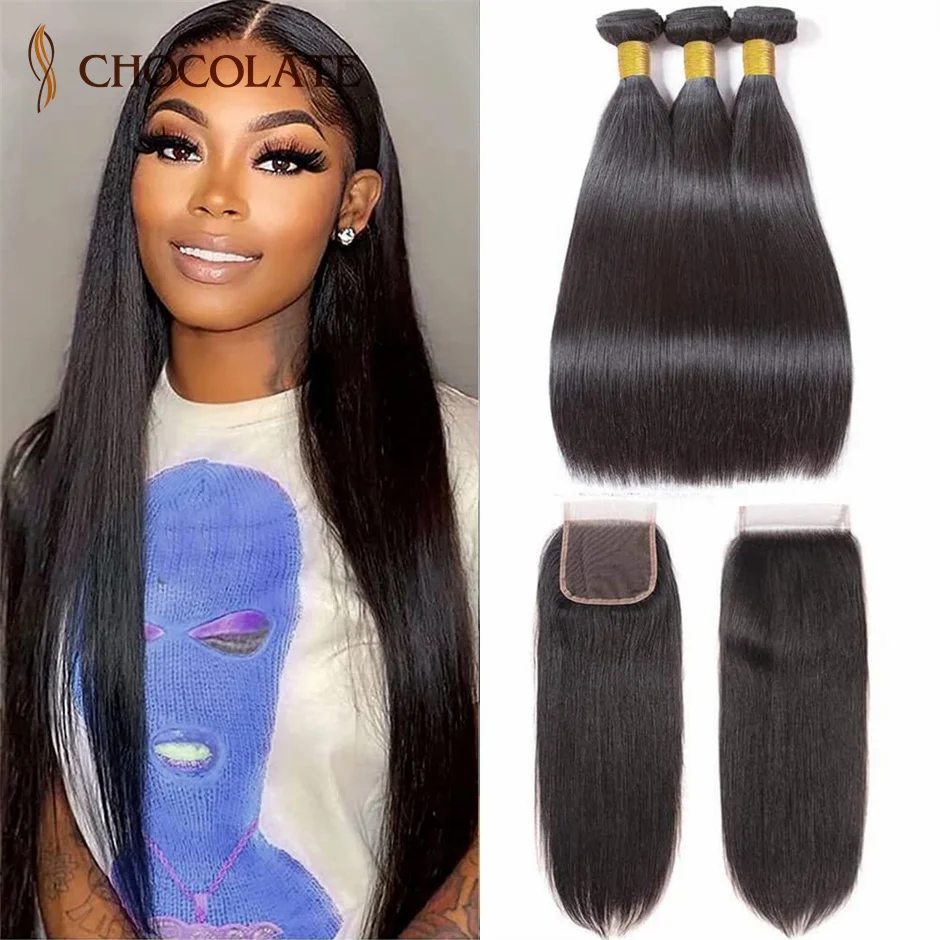 Human Hair Bundles 3/4 Bundles With Lace Closure 30 Inch Remy Weave Extensions