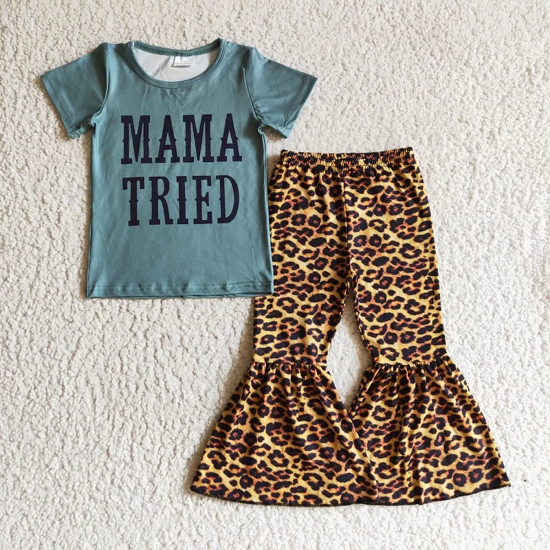 WholesaleBaby Girl Mama Tried New Clothes Short Sleeve Shirt Leopard Bell Bottom Pants Outfits Toddler Children Mother's Day Set fashion summer infant baby clothes sets girls tops flare pants headband 3pcs leopard letter print short sleeve toddler outfits