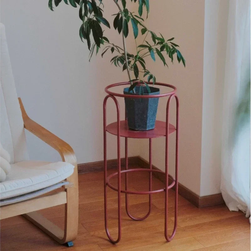 Vintage Red Plant Pot Stand, Indoor Minimalist Storage Shelf, Balcony Wrought Iron Flower Rack, Versatile Scene Decoration