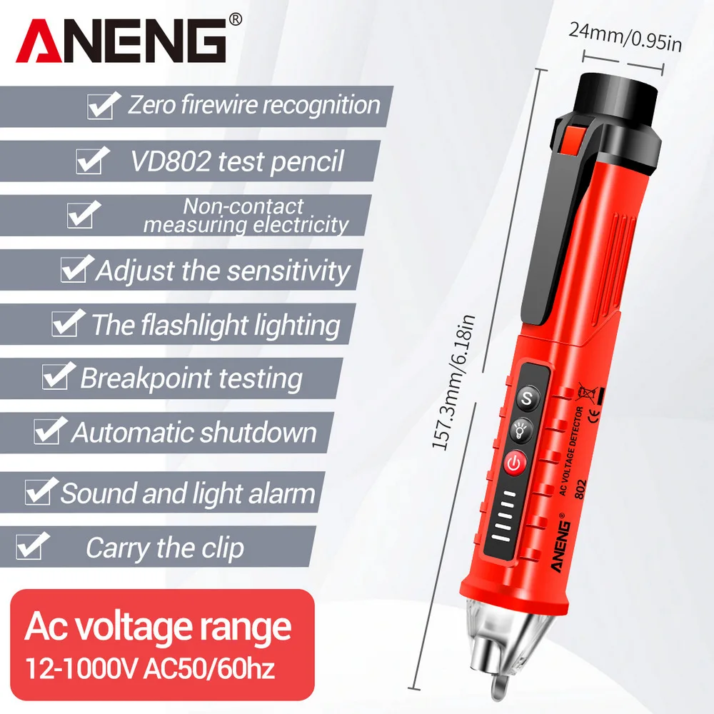 Voltage Detector Tester ANENG VD802 Non-contact AC Voltage Detector Tester Meter 12V-1000v Pen Style Electric Indicator LED voltage meter
