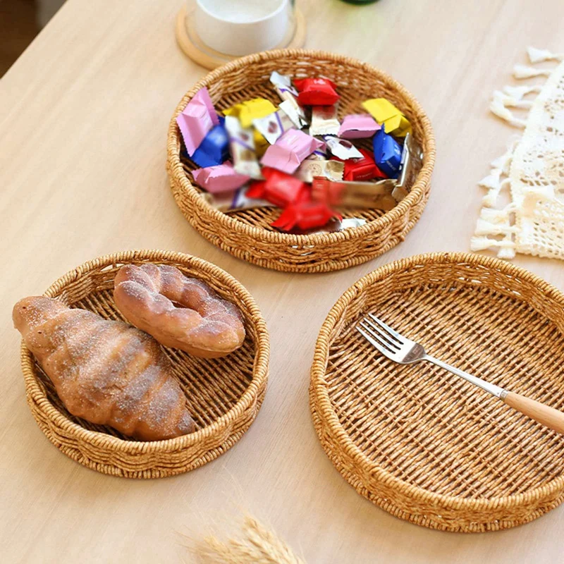 Round Rattan Fruit Basket Bowls Natural Wicker Boho Woven Storage Baskets Bread Tray for Kitchen Coffee Table Farmhouse 3