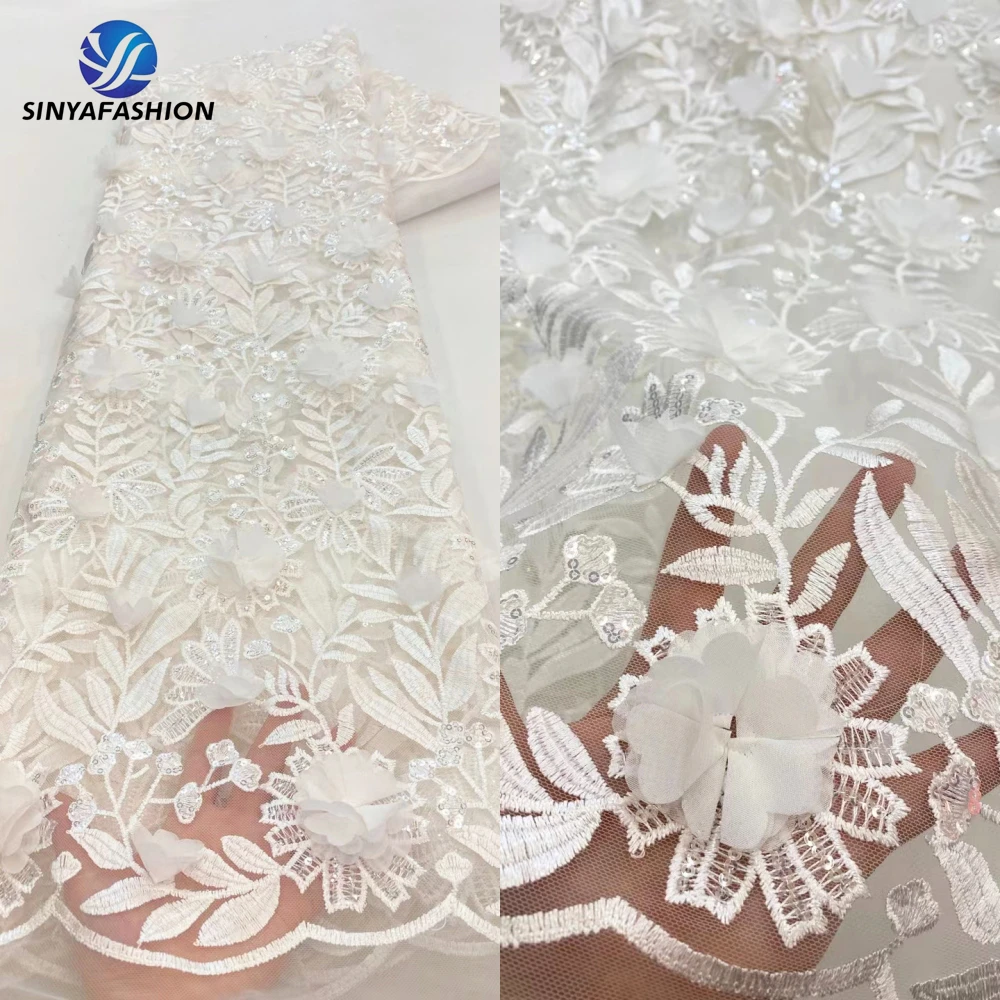 

Sinya Pink White Wine Black Gold African 3D Lace Fabric High Quality French Tulle Embroidery Sequins Lace For Asoebi Dress