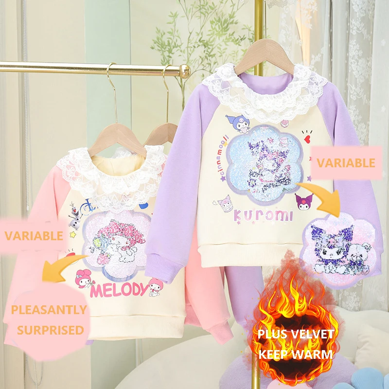 

Cartoon Kuromi Children's Christmas Casual Wear 2Pcs Set Kawaii Anime Sanrio My Melody Girls Velvet Sweatshirt Bottoming Shirt