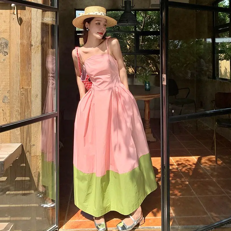 

Women Clothing 2023 Spring Summer Green Color Patchwork Suspender Dress Design Sense Sweet Styles Thin Casual Simple Dress