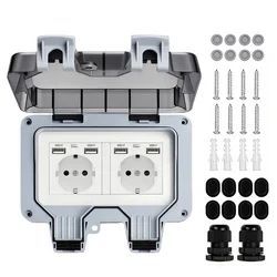 Durable Waterproof Outdoor Power Outlet with Protective Cover - White EU 4 USB