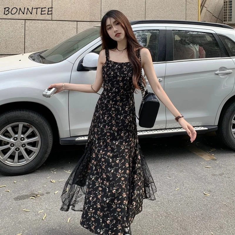 

Floral Print Long Dresses Women Summer Lace Decoration Sleeveless Temperament Loose Slim French Style Treetwear O-neck A-line