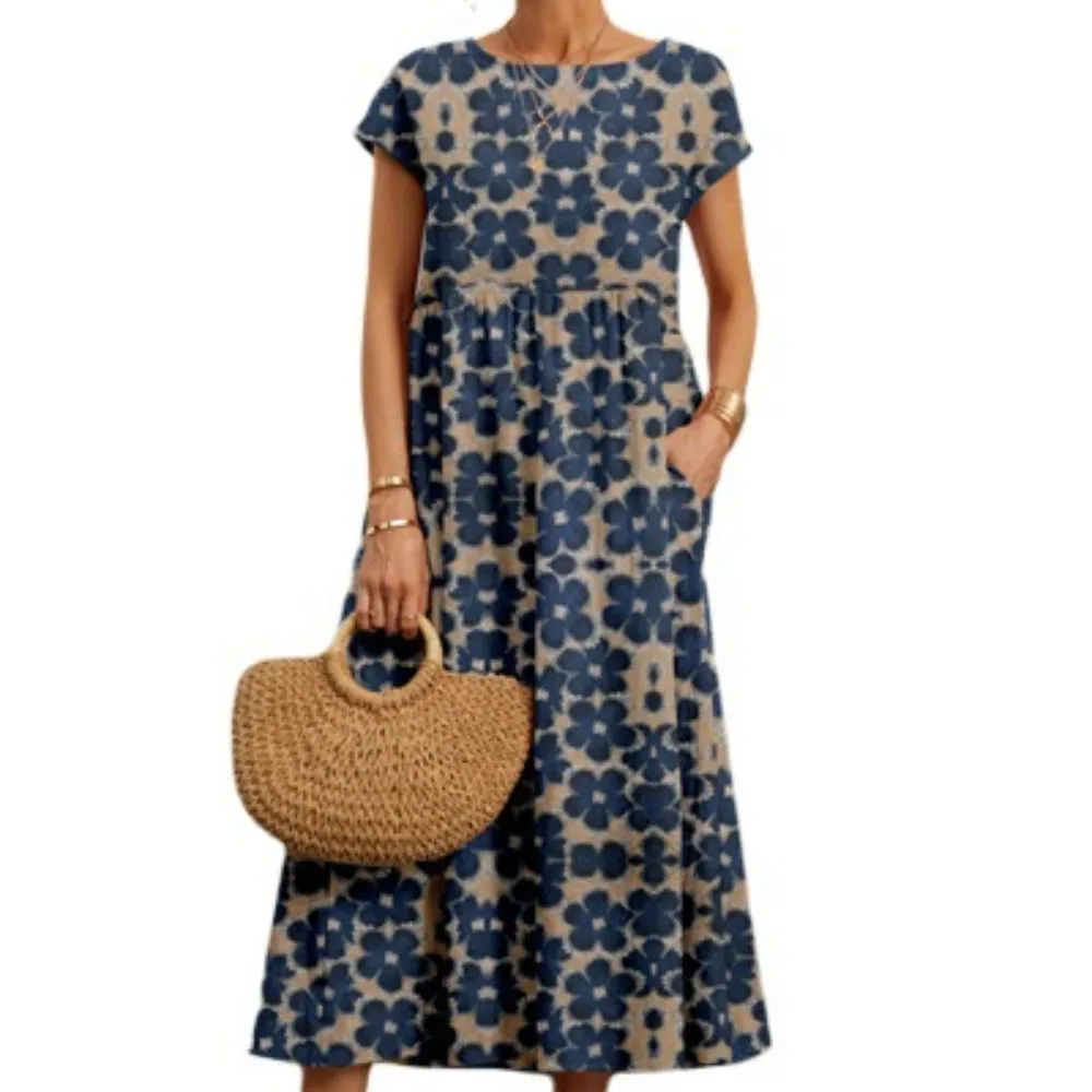 

Women's Loose Fitting Cotton Hemp Dress, Mid Waist, Sleeveless, Round Neck, Print, Summer, A-line, New Fashion, 2023