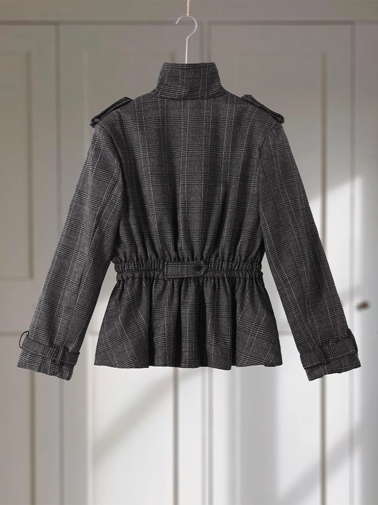 Rüschen Plaid Bomber Jacke Hosen Anzüge Frauen Elegante Revers Langarm Taille Cinching Mäntel Hohe Taille Hose Chic Damen Sets – Detail 5
